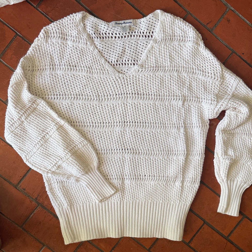 Tommy Bahama Cream Open-Knit V-Neck Sweater